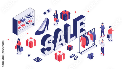 Vibrant isometric retail shopping scene with customers browsing clothing and shoes around a large 3D sale sign and festive gift boxes on white floor.