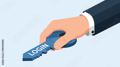 Large hand holding a blue isometric key with the word login inscribed on it symbolizing secure access and authentication for digital platforms.