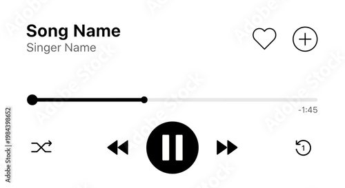 Digital audio player interface with playback controls, song title, artist name, and progress bar