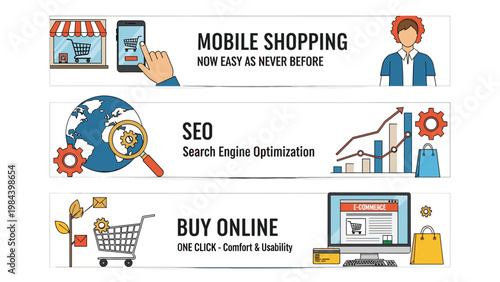 Collection of three horizontal web banners focusing on mobile shopping search engine optimization and online commerce with relevant flat graphic icons.
