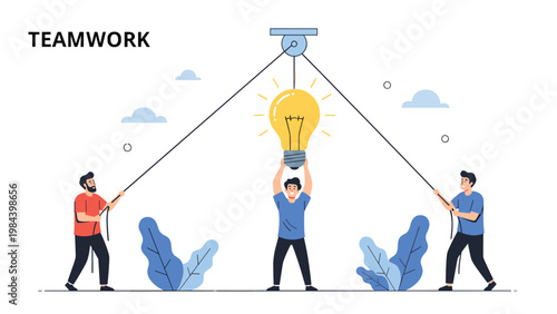 Three men working together to lift a giant glowing lightbulb using a pulley system representing the power of teamwork in achieving innovative goals.
