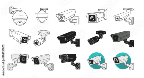 Set of various CCTV security camera icons in different styles and angles for surveillance system design elements.