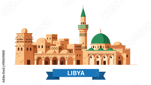Illustration of traditional Libyan architecture featuring desert-colored buildings arches and a grand mosque with a tall minaret and green dome.