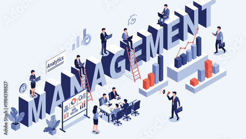 3D management text integrated with numerous business professionals working on various tasks such as data analysis meetings and strategic planning.