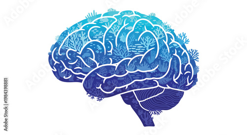 Close-up of a detailed human brain illustration in blue shades highlighting neural structures and cognitive functions