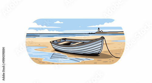 A simple boat rests on a sandy beach with a lighthouse in the distance
