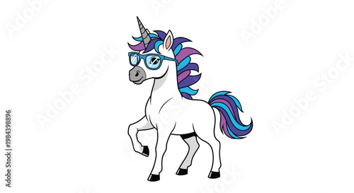 Cute white unicorn cartoon character wearing blue spectacles and having a colorful purple and blue mane and tail.