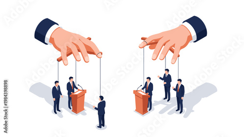Isometric illustration showing giant hands of a manager manipulating business professionals as if they were puppets on strings.