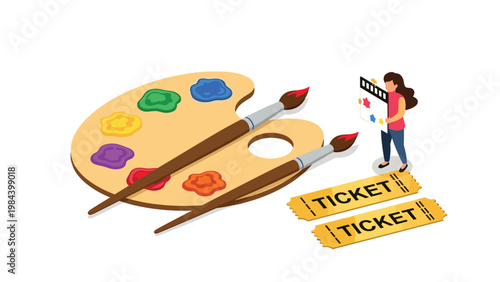 Artist creating content with giant paint palette and clapperboard illustrating creative entertainment industry and cinema.