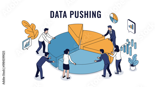 Group of business people working together to push and assemble sections of large pie chart representing collaborative data analysis.