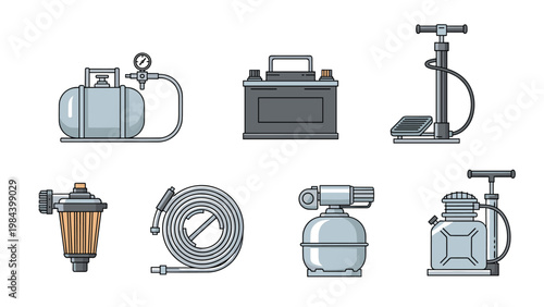 Diverse set of industrial machinery and mechanical components including gas tanks and pressure pumps for manufacturing.