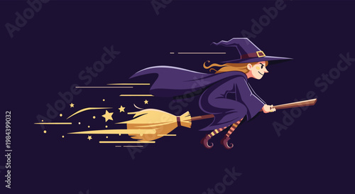 Illustration of a happy young witch flying fast on a magic broomstick across a dark night sky with golden stars.