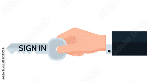 Businessman hand holding silver key with sign in text illustrating account access and secure login authentication for digital services.