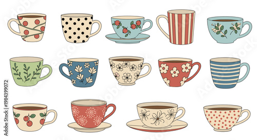 Set of fifteen different decorative teacups with various patterns and colors including dots stripes and flowers.