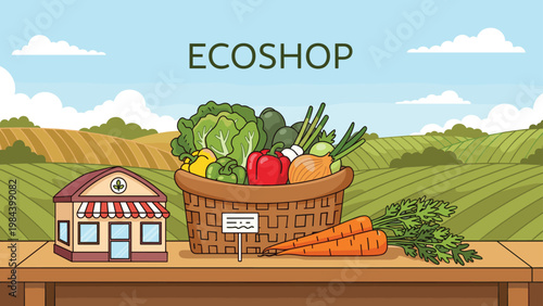 Healthy organic vegetables in wicker basket placed on wooden table in front of green farm fields for eco friendly shop promotion.