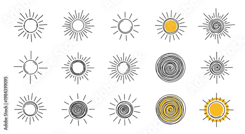 Collection of different hand drawn sun icons and symbols in various artistic styles and strokes with yellow highlights.