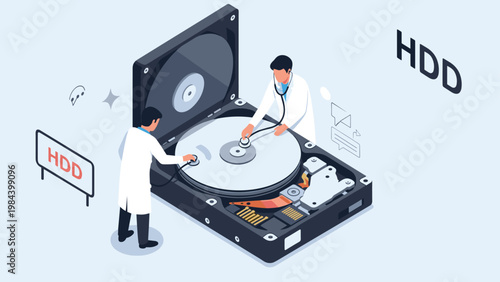 Computer technicians dressed as doctors using stethoscopes to diagnose and repair large hard drive for data recovery and maintenance.