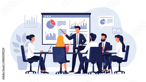 Corporate team participating in a professional business presentation with male leader showing data charts on whiteboard screen.