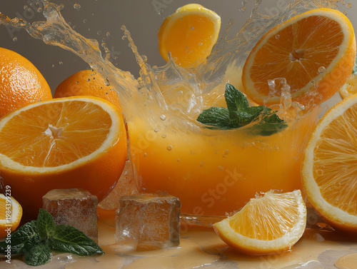 Citrus Burst: An eye-level shot captures a vibrant display of freshly squeezed orange juice, ice cubes, and succulent orange slices, accompanied by fresh mint leaves.