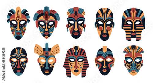 Collection of ten different colorful tribal masks with intricate patterns and designs inspired by various cultures.