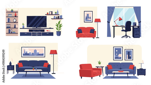 Diverse set of modern interior room designs including living room with tv workspace and cozy seating areas for home decor.