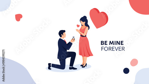 Romantic marriage proposal scene with man on one knee giving engagement ring to happy woman surrounded by floating heart symbols.