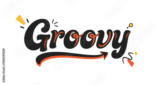 Stylized hand drawn word groovy in bold black and orange letters with decorative sparkles and arrows on white.