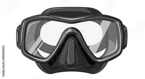 Detailed black and grey diving or snorkeling mask with clear glass and rubber frame seen from the front.