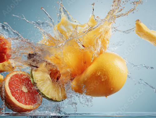 Zesty Cascade: A vibrant burst of water engulfs an array of fresh, colorful fruits in a dynamic, refreshing display, creating a sense of natural vitality.