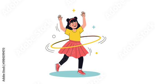 Happy young girl in a yellow shirt and red skirt playing with a golden hula hoop and spinning it around her.