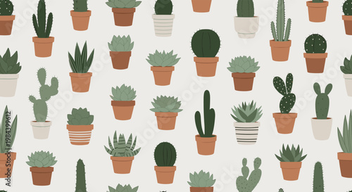 Seamless pattern background featuring various types of cacti and succulents in different pots and colors.