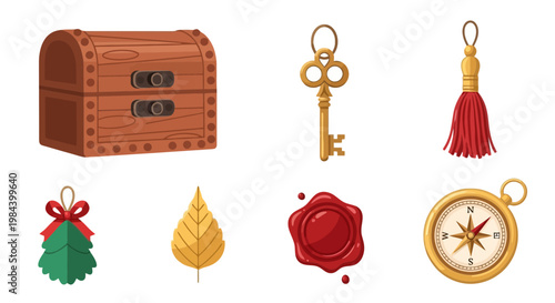 Vintage Chest, Key, Tassel, Leaf, Wax Seal, and Compass Set
