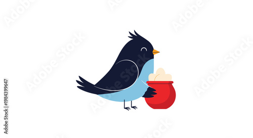 Cute dark blue and light blue bird holding a red pot filled with white eggs against a white background.