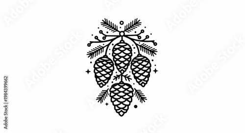 Stylized pine branch with hanging pinecones and small starry accents