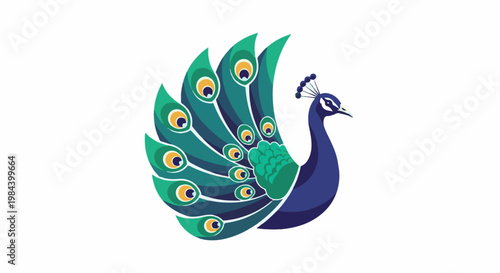 Stylized peacock with fanned tail feathers in shades of blue and green