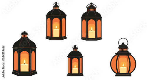 Collection of five different antique lanterns with burning candles inside emitting a warm orange light.