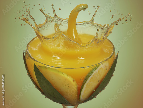 Orange Juice Splash: A dynamic splash of orange juice creates a visual feast within a decorative glass, with slices of citrus adding vibrant accents and enticing refreshing sensation.
