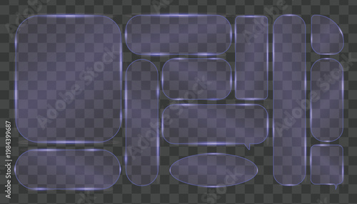 Set of glowing blue glass frames and speech bubbles with neon borders for ui design, digital interface elements and banners