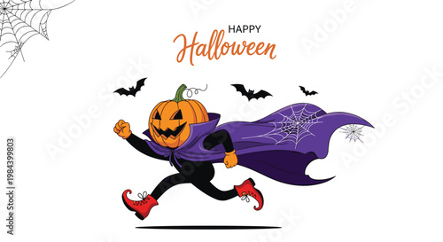 Running halloween character with a pumpkin head wearing a purple cloak red boots and a black suit.
