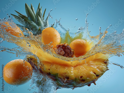 Juicy Burst of Flavor: Capture the vibrancy of a splash with a pineapple and orange, creating a symphony of taste and freshness.