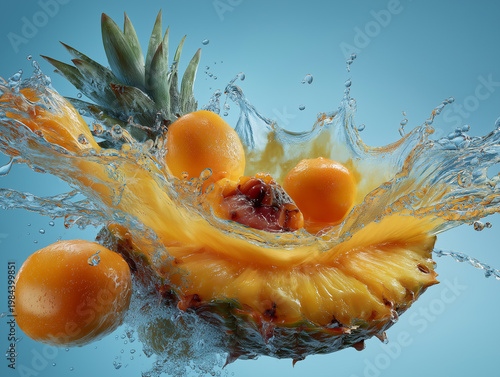 Burst of Flavor: A dynamic composition showcases the refreshing synergy of pineapple, tangerine, and water, with water and fruits create an artistic display of natural deliciousness.