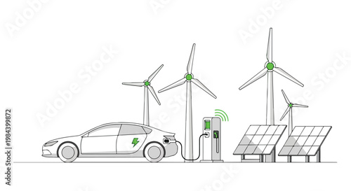 Electric vehicle charging station with solar panels and wind turbines in a sustainable energy environment