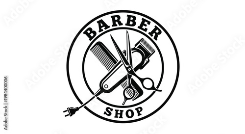 Barber shop logo, vintage barber tools, scissors and clippers icon, black and white emblem