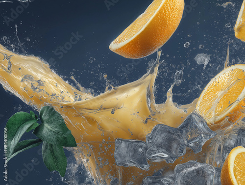 Refreshing Orange Splash: A vibrant splash of orange juice explodes in a dynamic display, showcasing the freshness of the fruit with ice cubes.