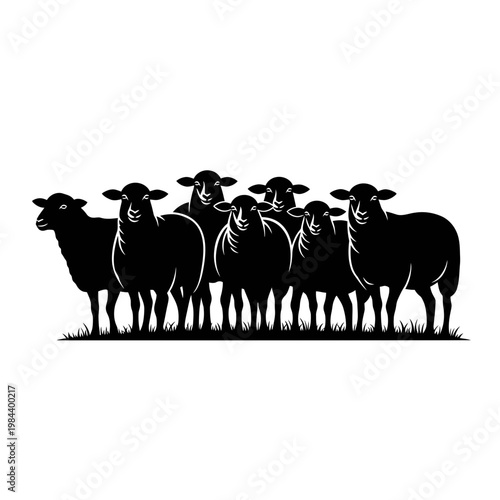 Vector illustration of sheep flock silhouette in black and white