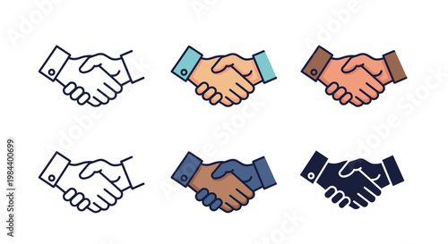 Collection of handshake icons in various styles including line art, flat color, and silhouette to represent agreement or partnership.