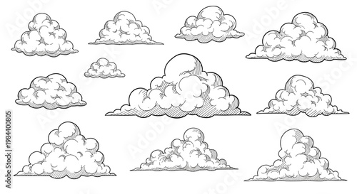 Hand-drawn set of fluffy cumulus clouds in a vintage sketch style with cross-hatching and shading on a white background.