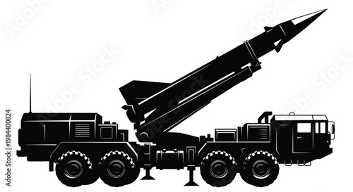 Black silhouette missile launcher truck, military vehicle, rocket launch system, defense equipment