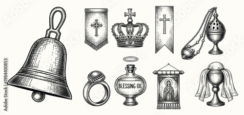 Faith in God, concept. Hand drawn Bible symbols collection in vintage engraving style. Sketch vector illustration