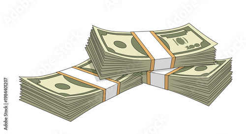 Detailed illustration of several large stacks of hundred dollar bills bundled together with paper bands on a white background.